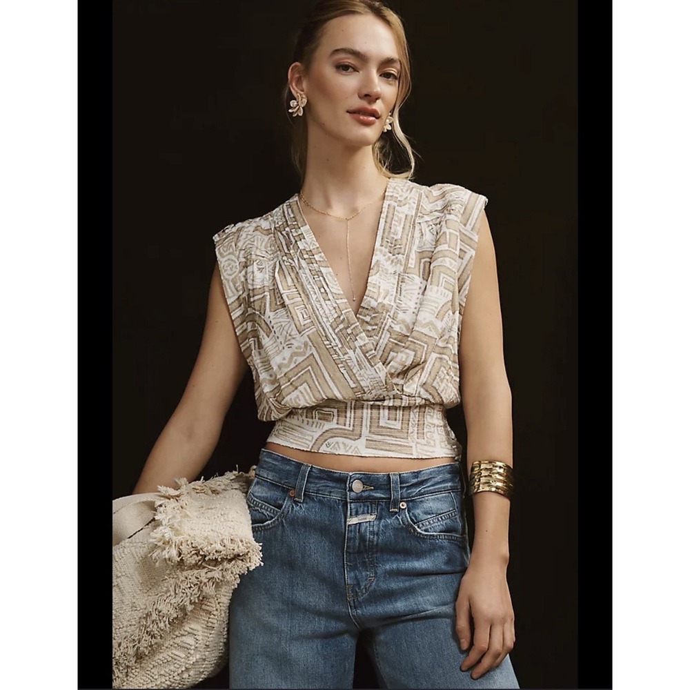 Anthropologie Crop Top Sleeveless Wrap Cotton Printed Neutral Beige Size S